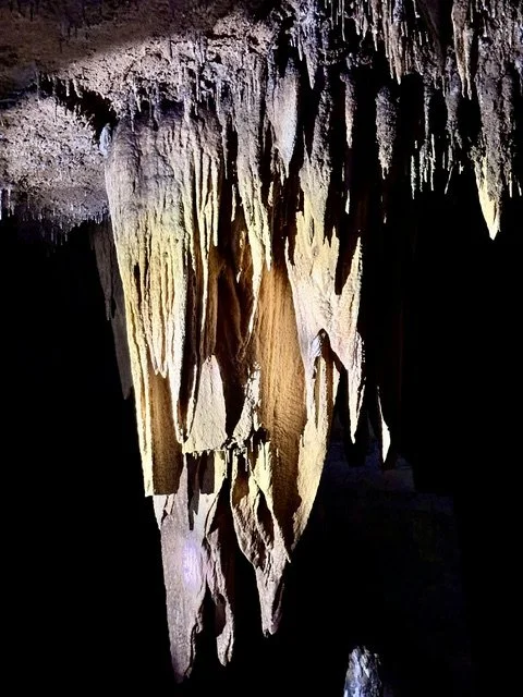 Large wavy stalactite hanging from the ceiling inside Fisher Cave at Meramec State Park.
