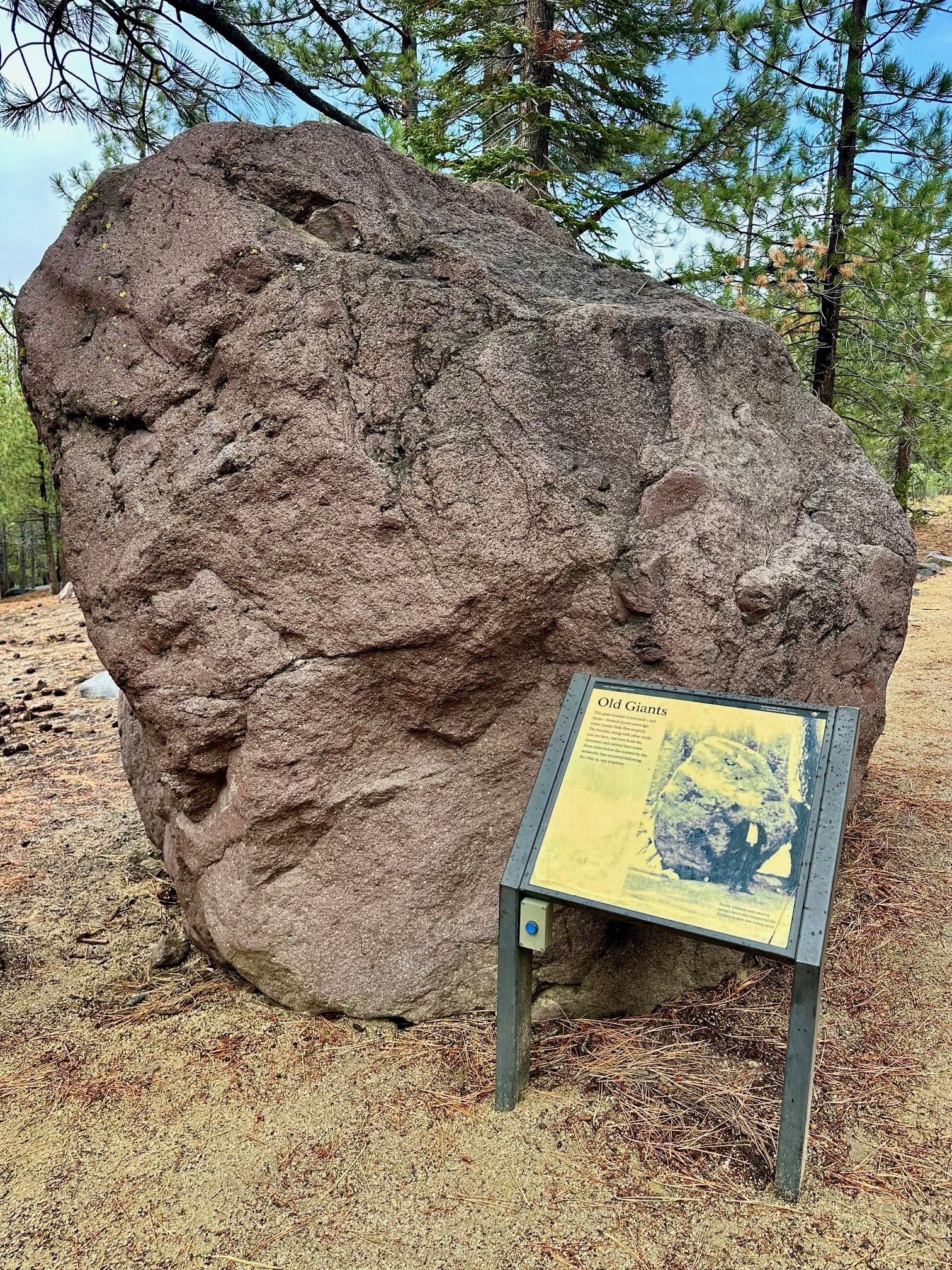 Large lava boulder resting 3 miles from Lassen Peak, displaced by the 1915 volcanic eruption in Lassen Volcanic National Park