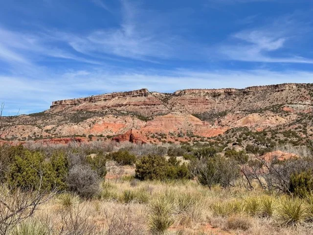 Palo Duro Canyon mesa rising above layered red rock formations with green trees and rocky terrain in the foreground in Texas.