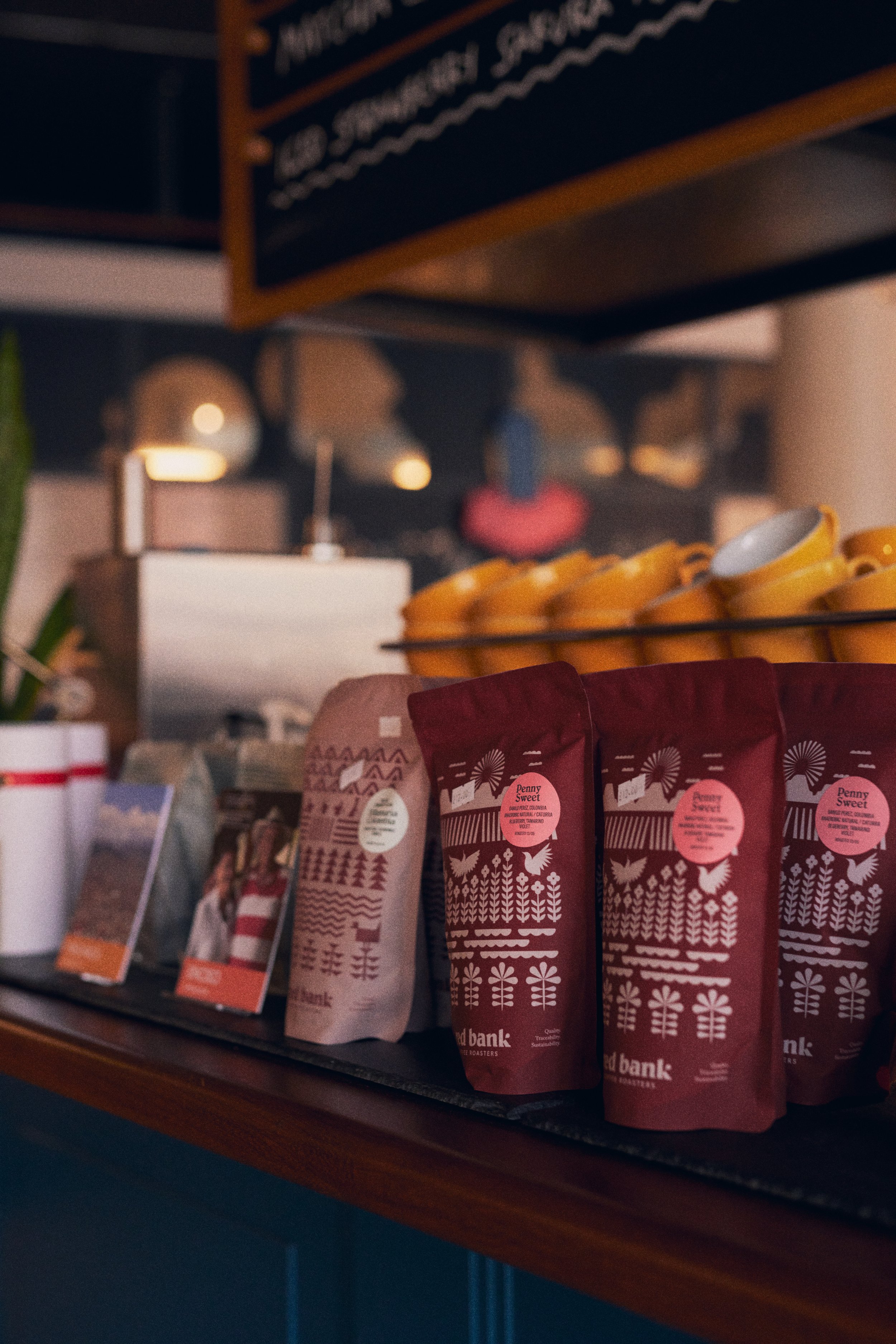 A selection of Red Bank Roastery retail bags of coffee for sale in SEESAW Cafe.