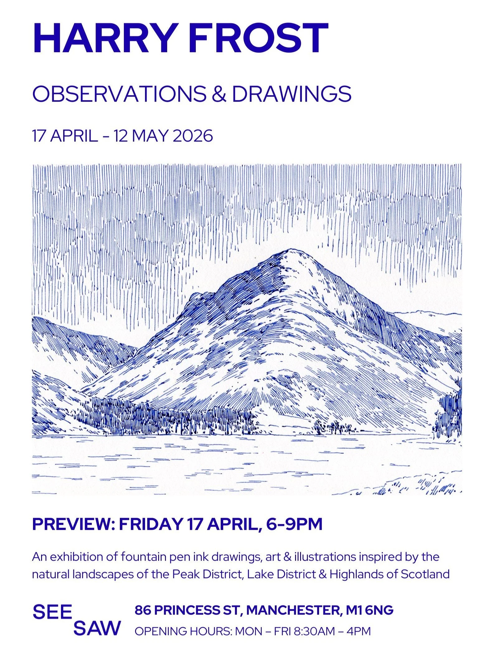 Poster promoting SEESAW's April 2026 exhibition 'Observations & Drawings' by Harry Frost.