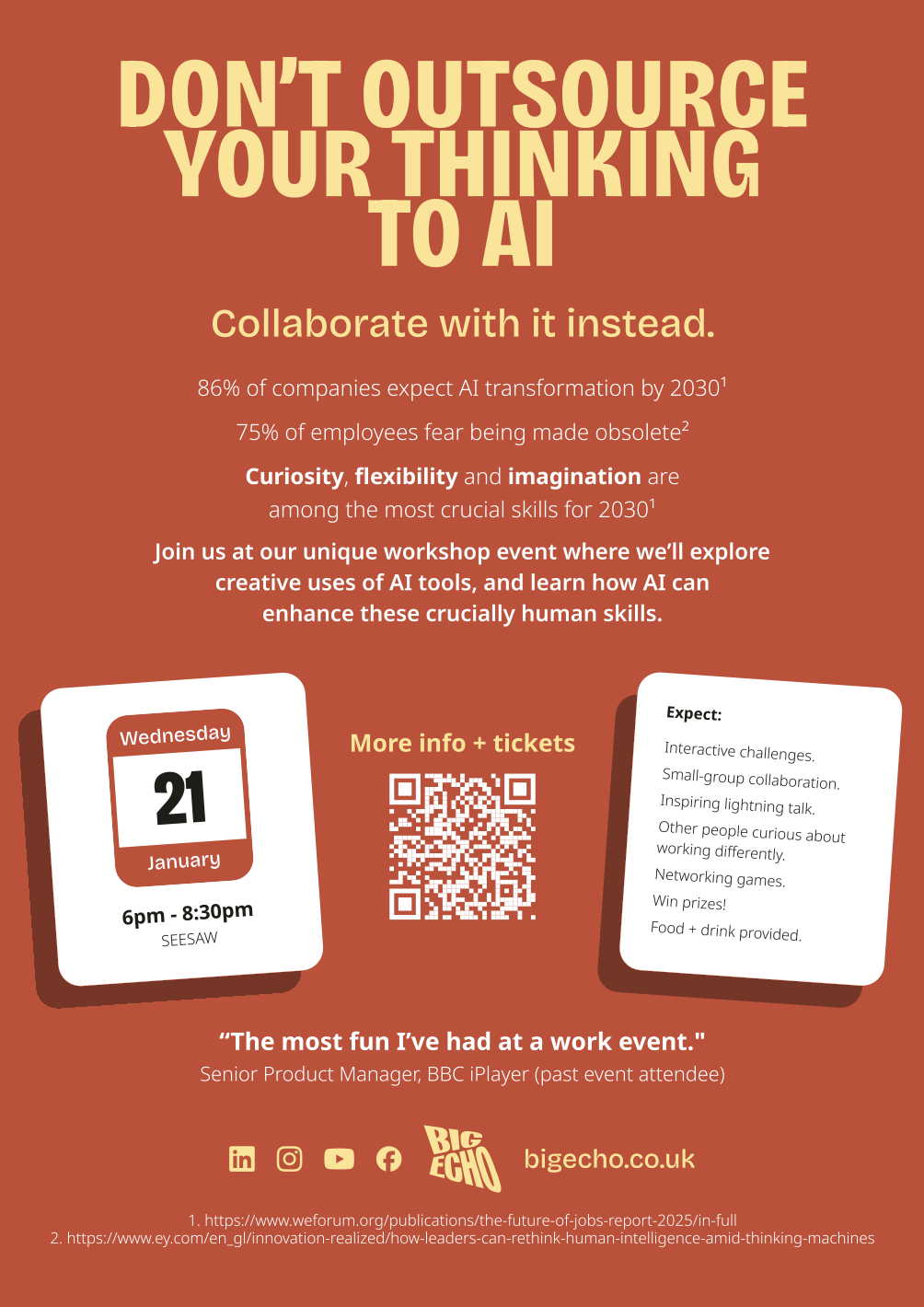 Poster for upcoming creative AI training workshop hosted by Big Echo..