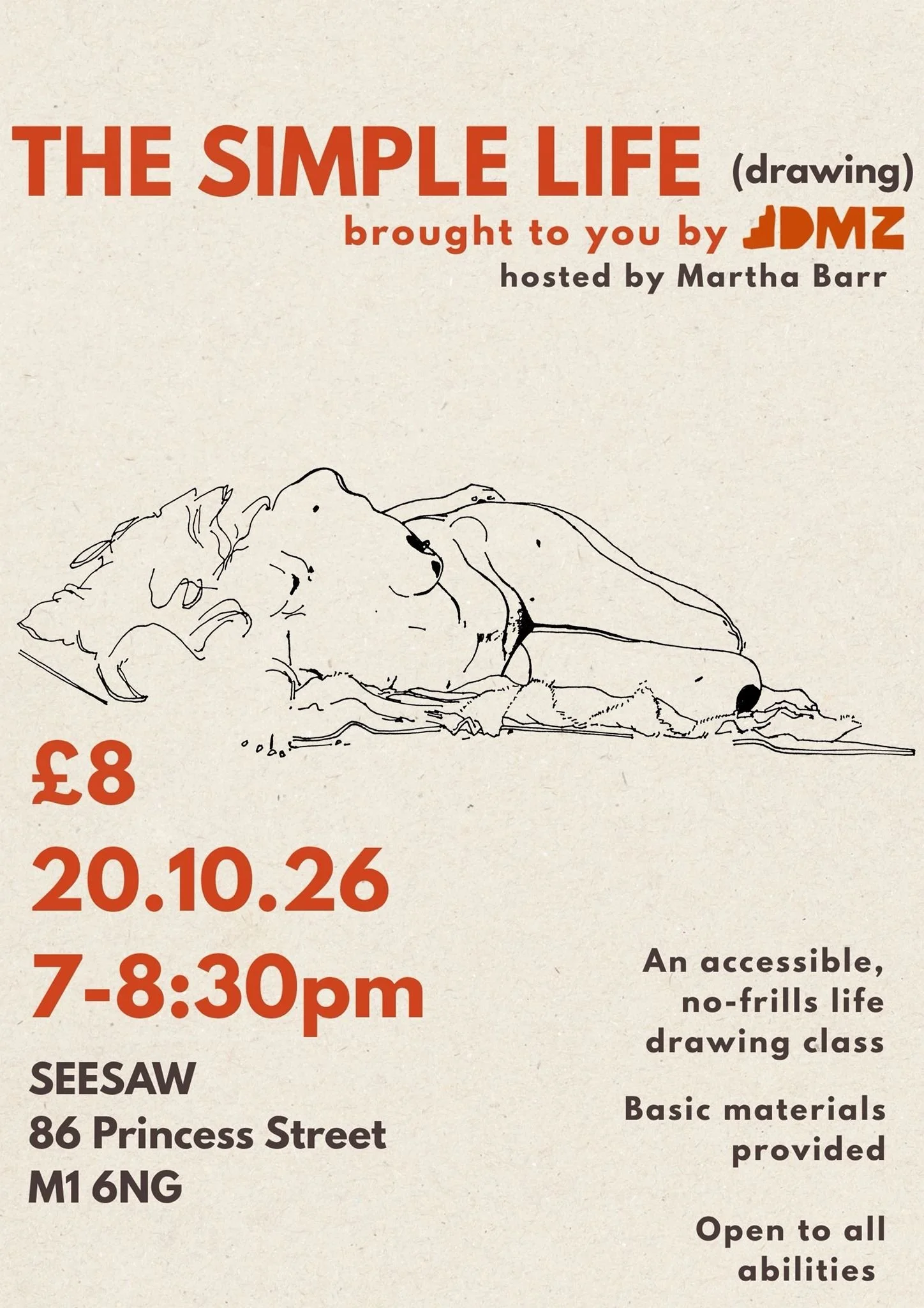 Poster for The Simple Life, a recurring life drawing class hosted by Bobbie Wilson from DMZ Studios.