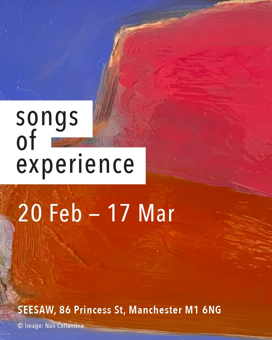 Poster promoting SEESAW's February 2026 exhibition 'Songs of Experience'.