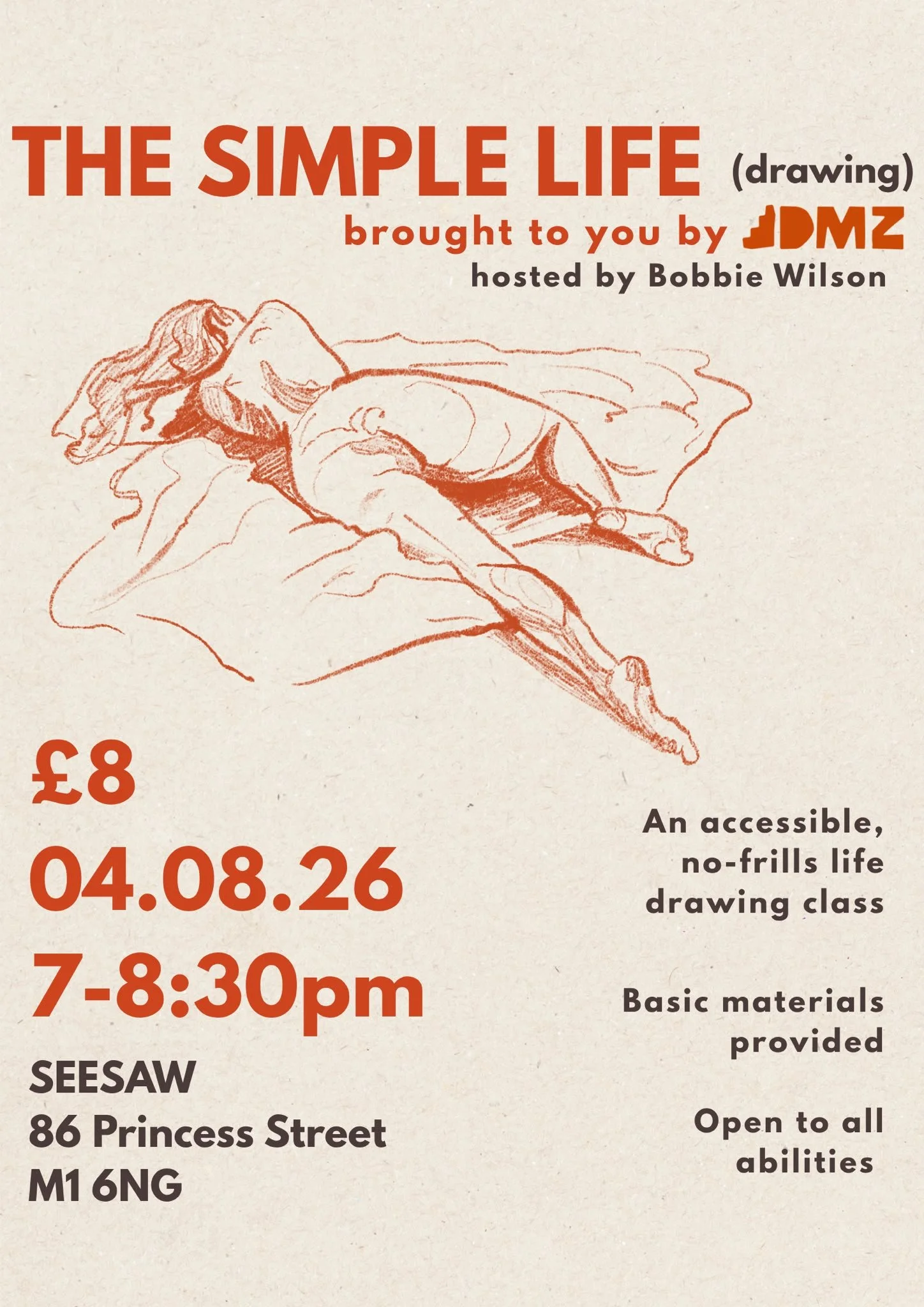 Poster for The Simple Life, a recurring life drawing class hosted by Bobbie Wilson from DMZ Studios.