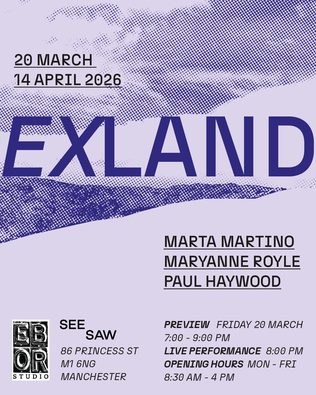 Poster promoting SEESAW's March 2026 exhibition 'EXLAND'.