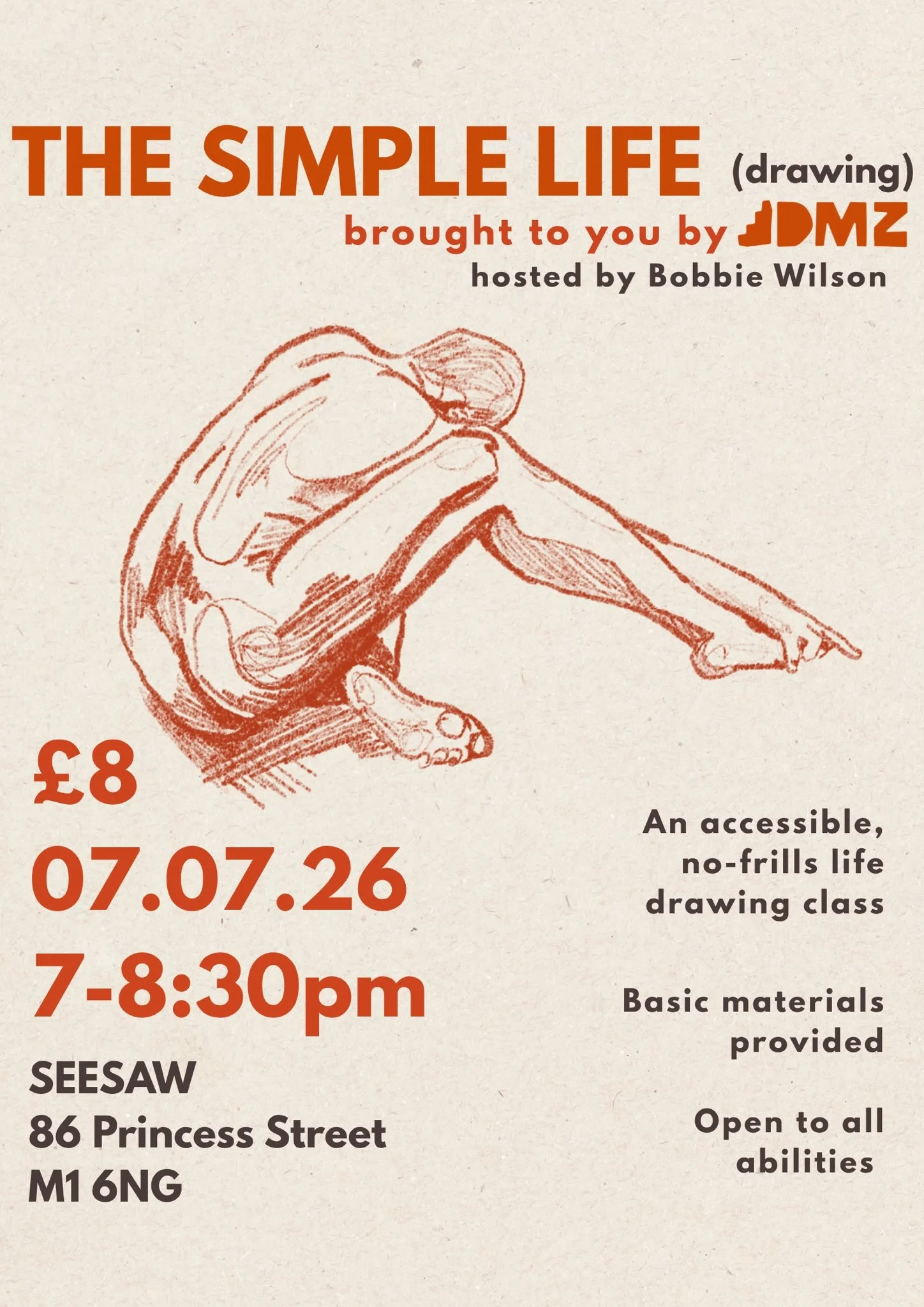 Poster for The Simple Life, a recurring life drawing class hosted by Bobbie Wilson from DMZ Studios.