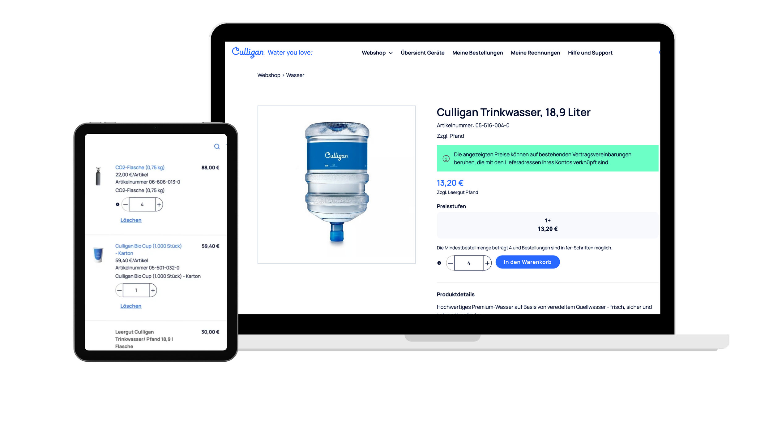 Culligan Onlineshop für Trinkwasserprodukte in der Desktop- und mobilen Ansicht.