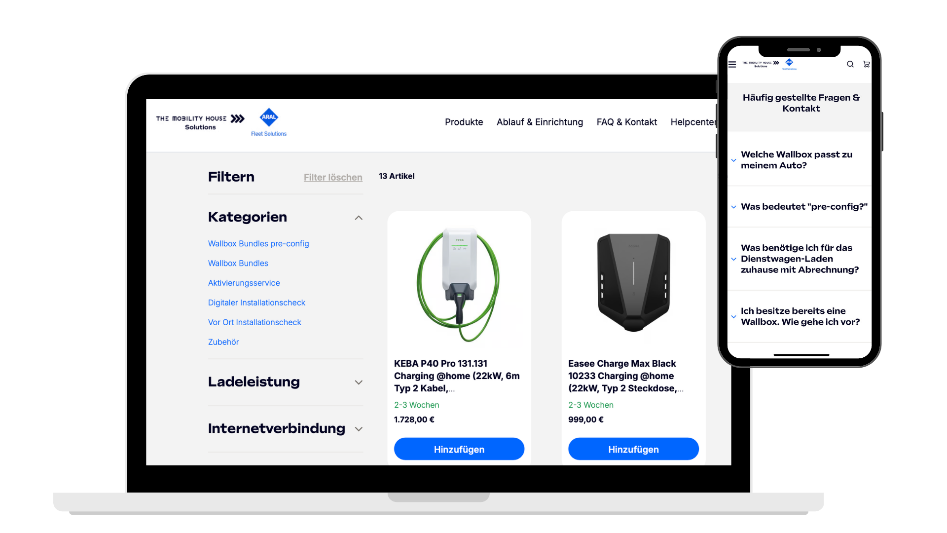 The Mobility House Solutions Onlineshop für Wallboxen in der Desktop- und mobilen Ansicht