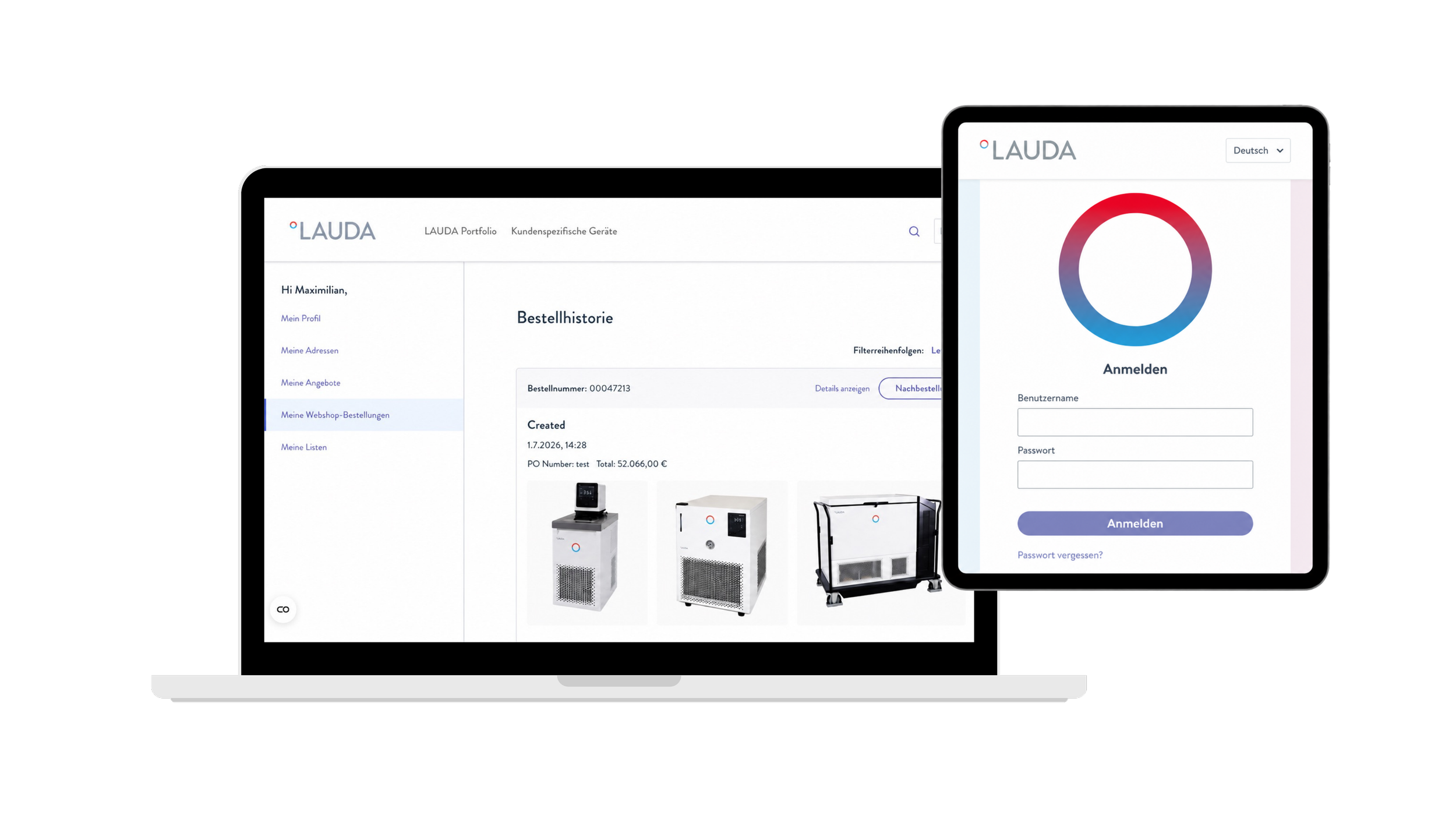 LAUDA B2B-Kundenportal mit Bestellhistorie und Produktübersicht in der Desktop- und mobilen Ansicht.