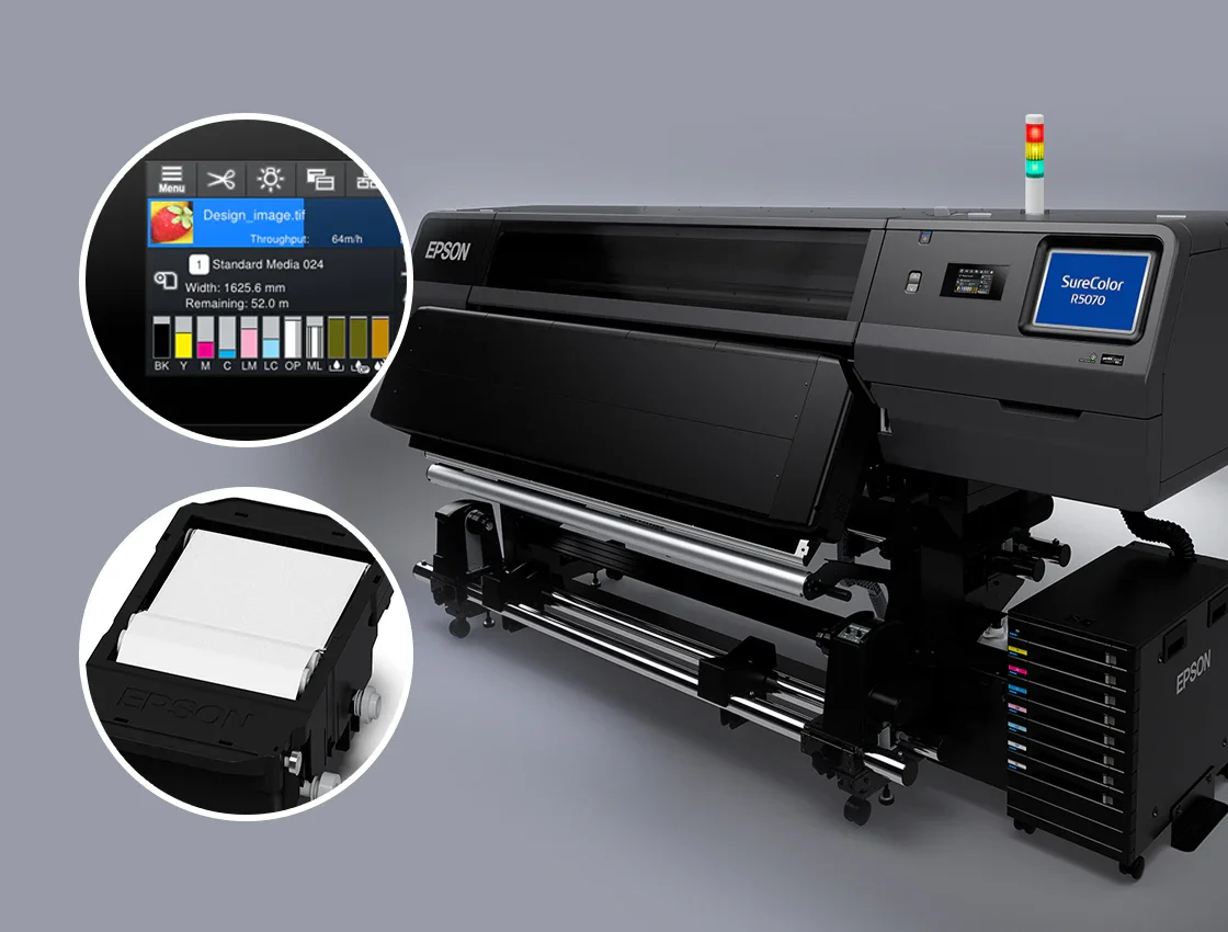 Large Epson industrial printer with display screen and ink cartridges, printing a color image.