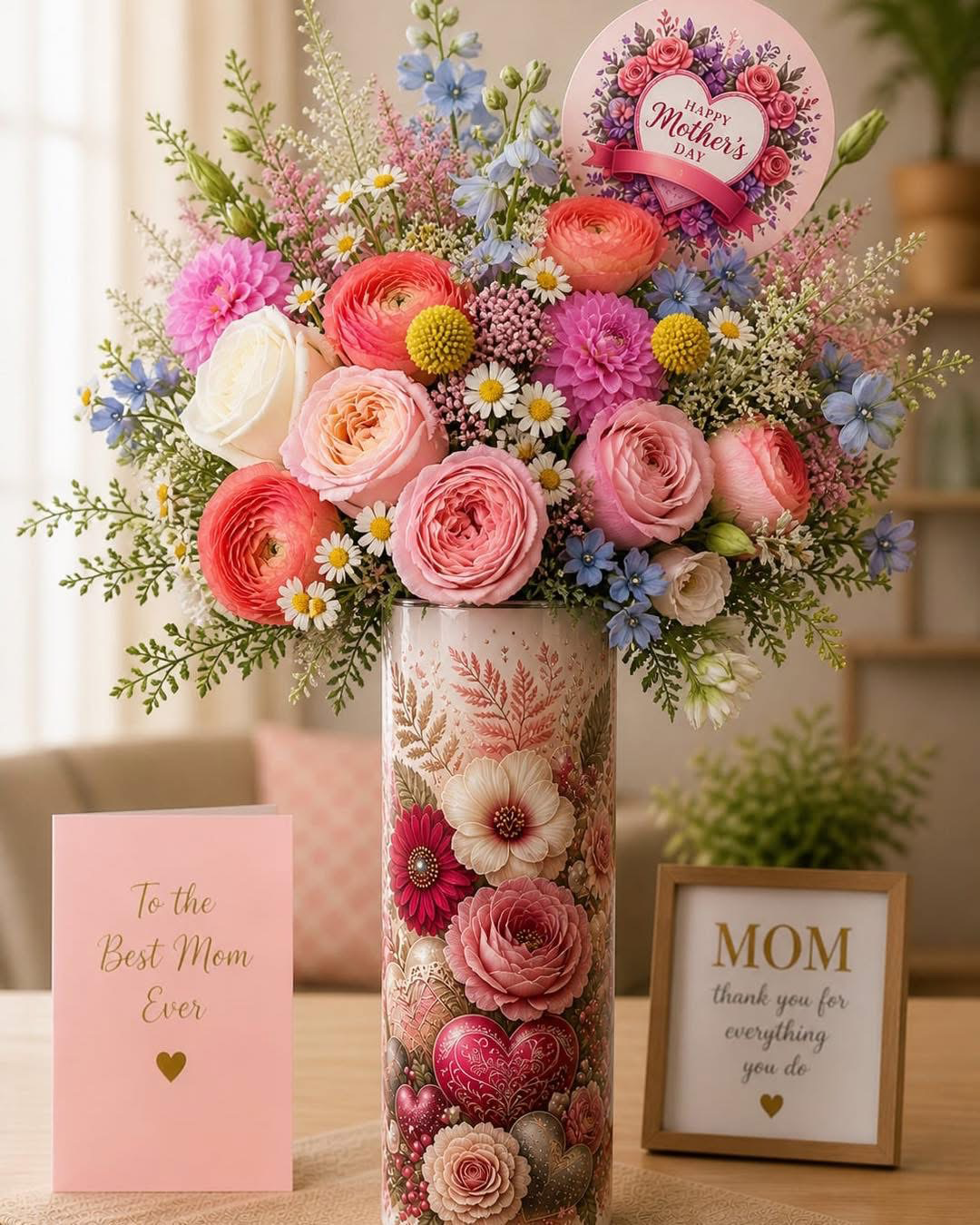 A floral arrangement in a decorative vase with roses, daisies, and other flowers, accompanied by Mother's Day cards reading "To the Best Mom Ever" and "Mom thank you for everything you do".