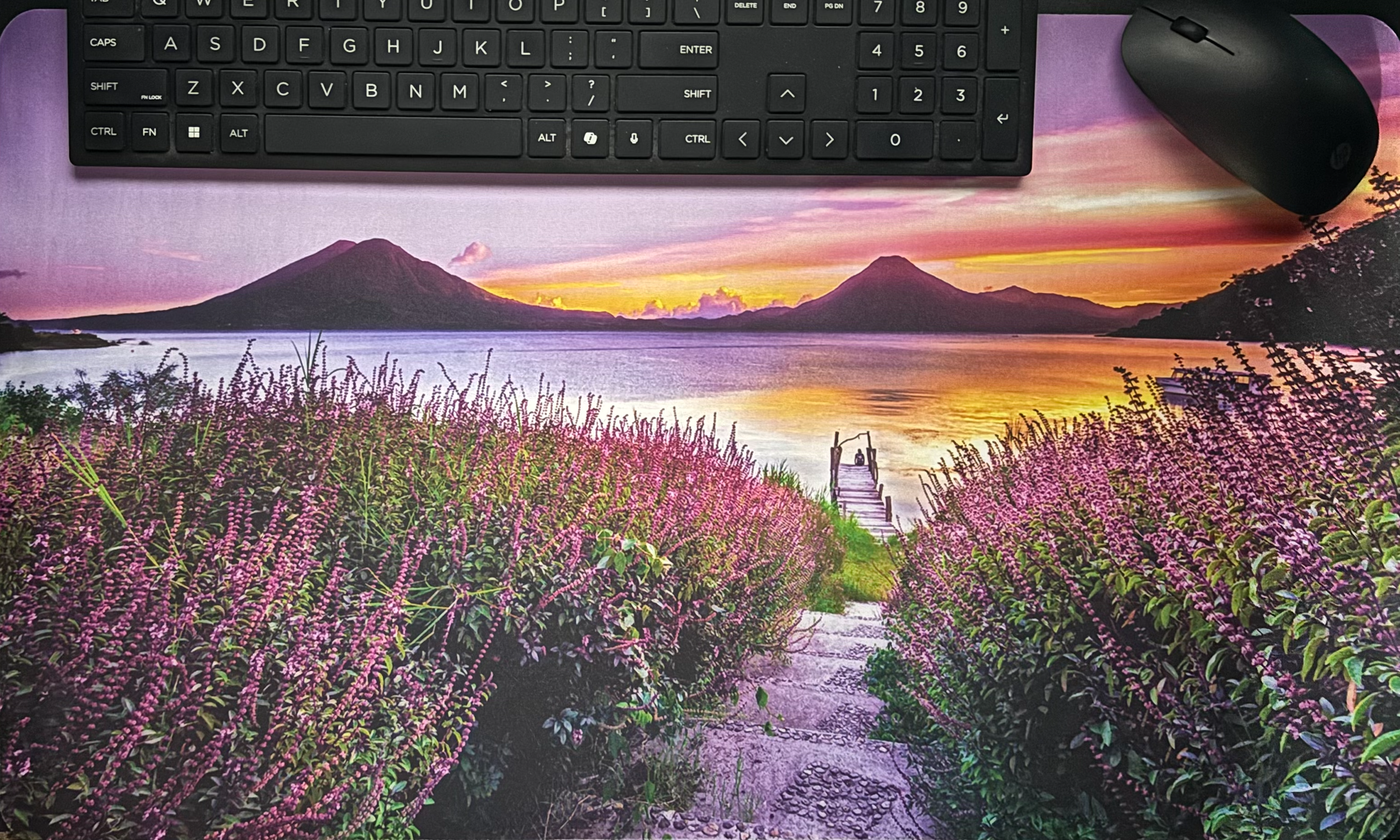 A colorful landscape scene at sunset with purple, yellow, and orange sky, mountains, a lake, and pink flowers in the foreground, with a wooden dock extending into the water.