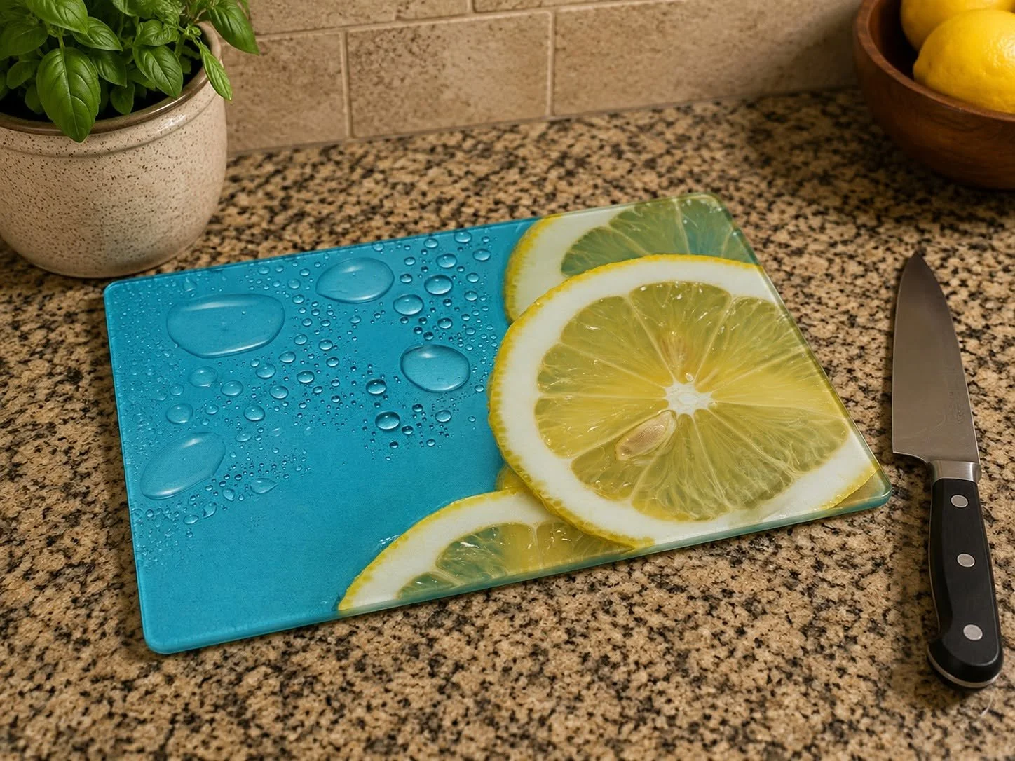 Glass chopping board with lemon slices and a kitchen knife, water droplets on the surface, on a granite countertop.