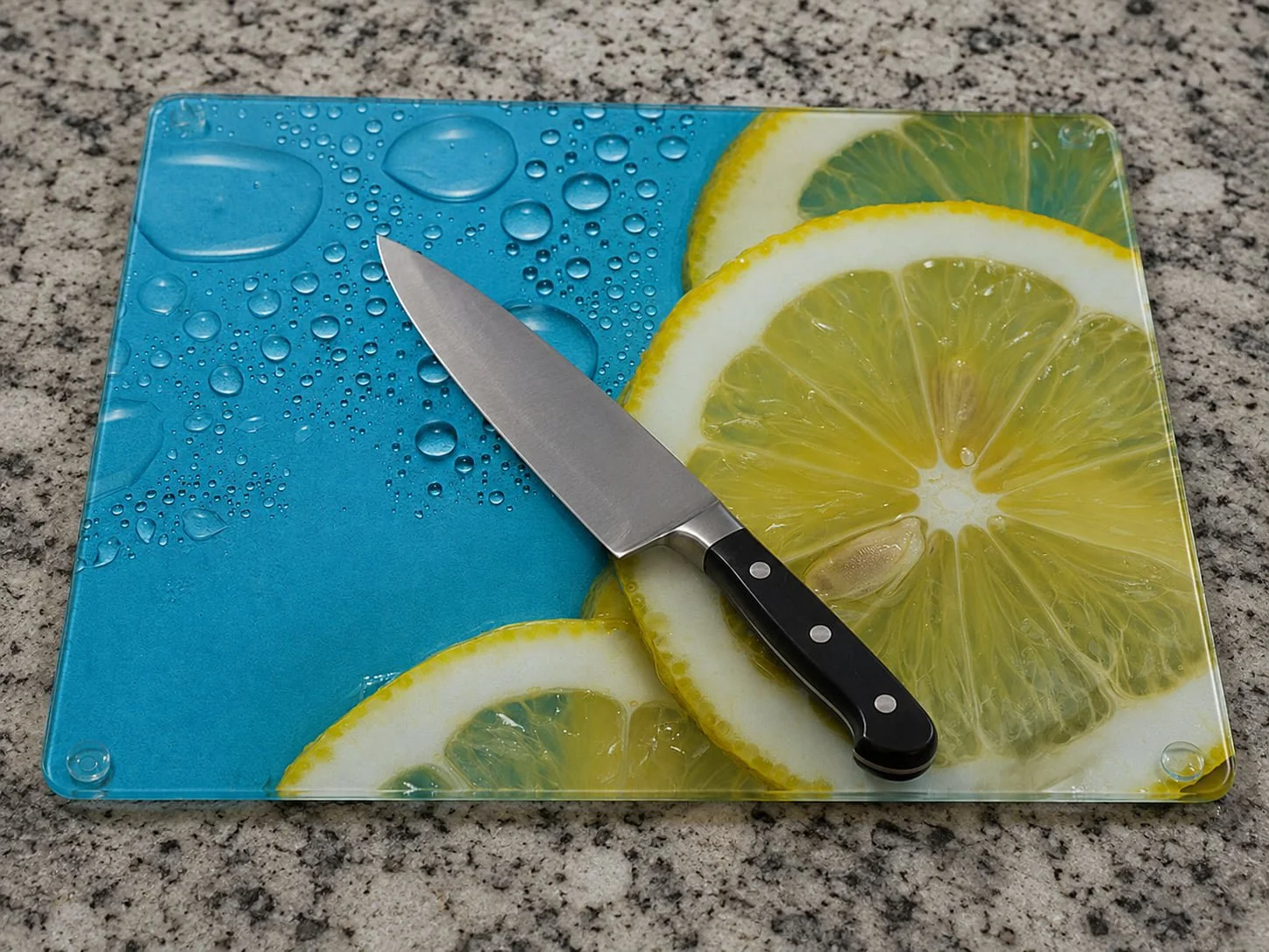 Glass chopping board with lemon slices and a kitchen knife, water droplets on the surface, on a granite countertop.