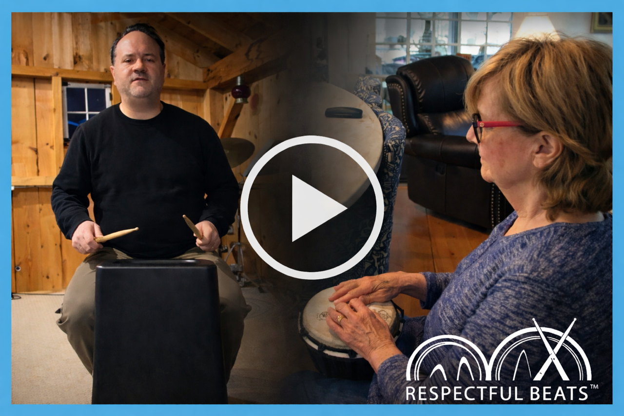 Senior citizens seated in a lounge, attending a musical performance with percussion instruments, in a room with patterned carpet, framed artwork, and large windows with pink blinds.