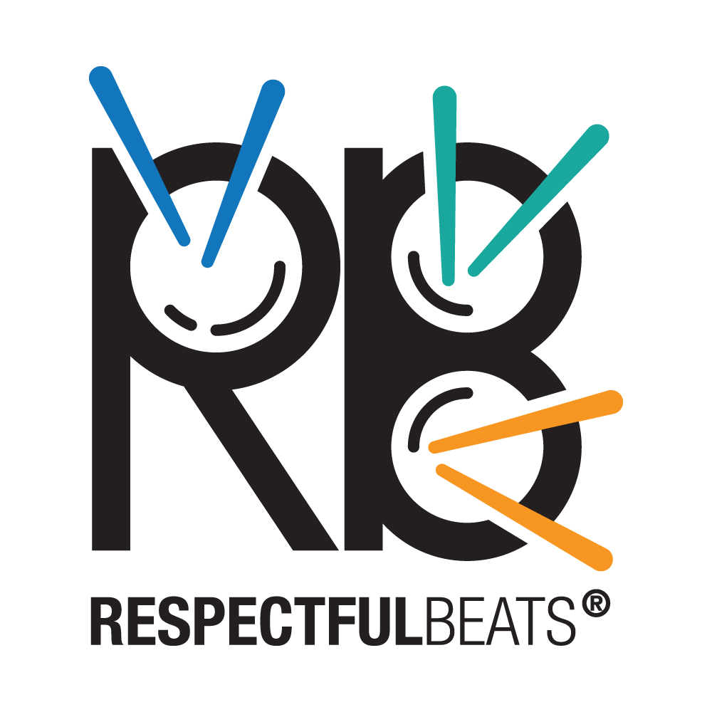 Logo for Respectful Beats featuring stylized letters R and B with musical drumsticks and cymbals.