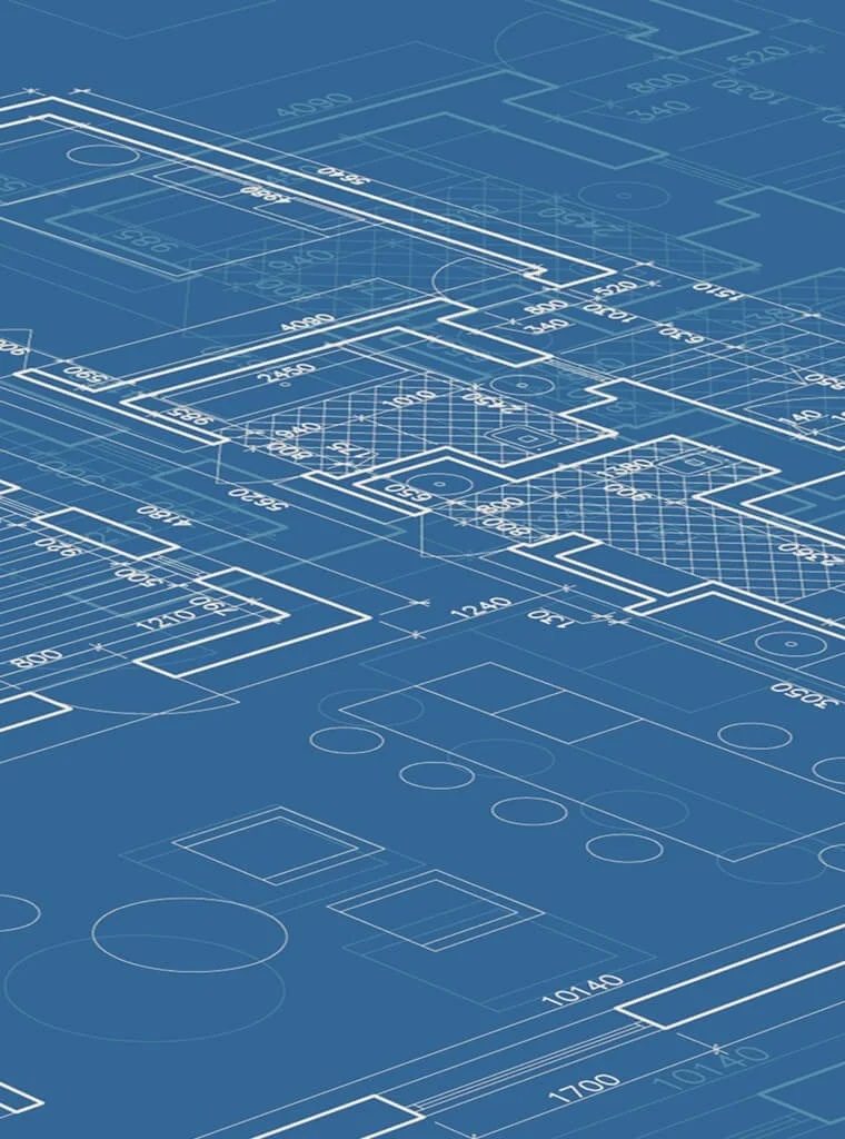 Blue digital blueprint with white technical drawings and measurements of a building or architectural plan.