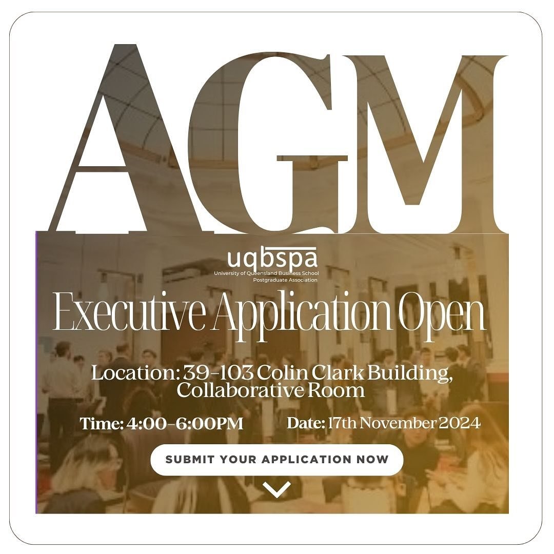 Become a part of UQ BSPA and pave your path with us 🥳

Our AGM will be held on:

📅 Sunday, 17th November 2024
⏱️ 4:00 PM - 6:00 PM
🗺️ 39-103 Colin Clark Building, Collaborative Room

Click the link on our bio to apply as a UQBSPA Executive!

Avail