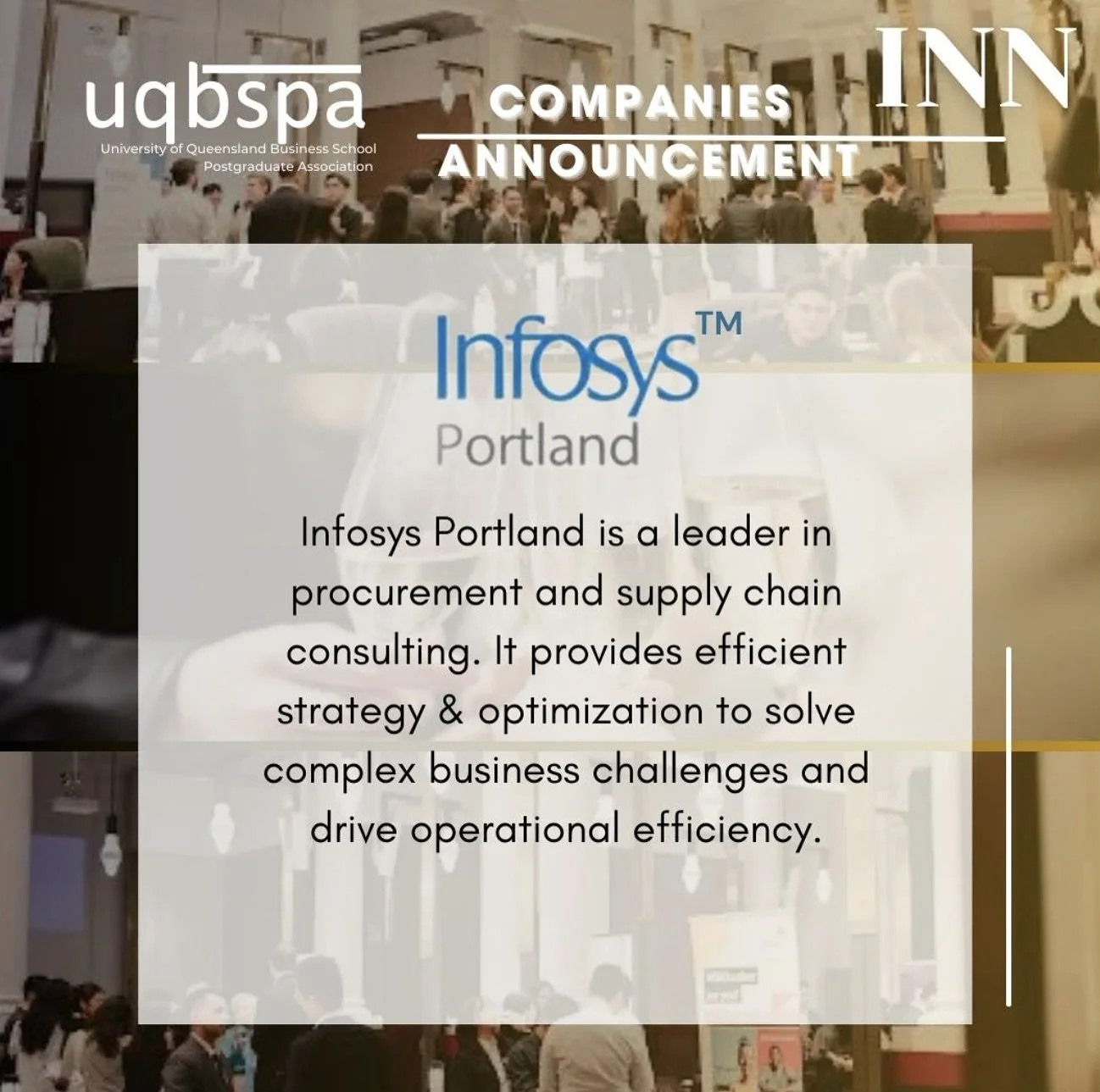 🌟 Special Guest: Infosys Portland 🌟

A leader in procurement and supply chain consulting, Infosys Portland will be attending the Industry Networking Night! 🌐💼
If you&rsquo;re keen on exploring consulting, procurement, or supply chain management, 