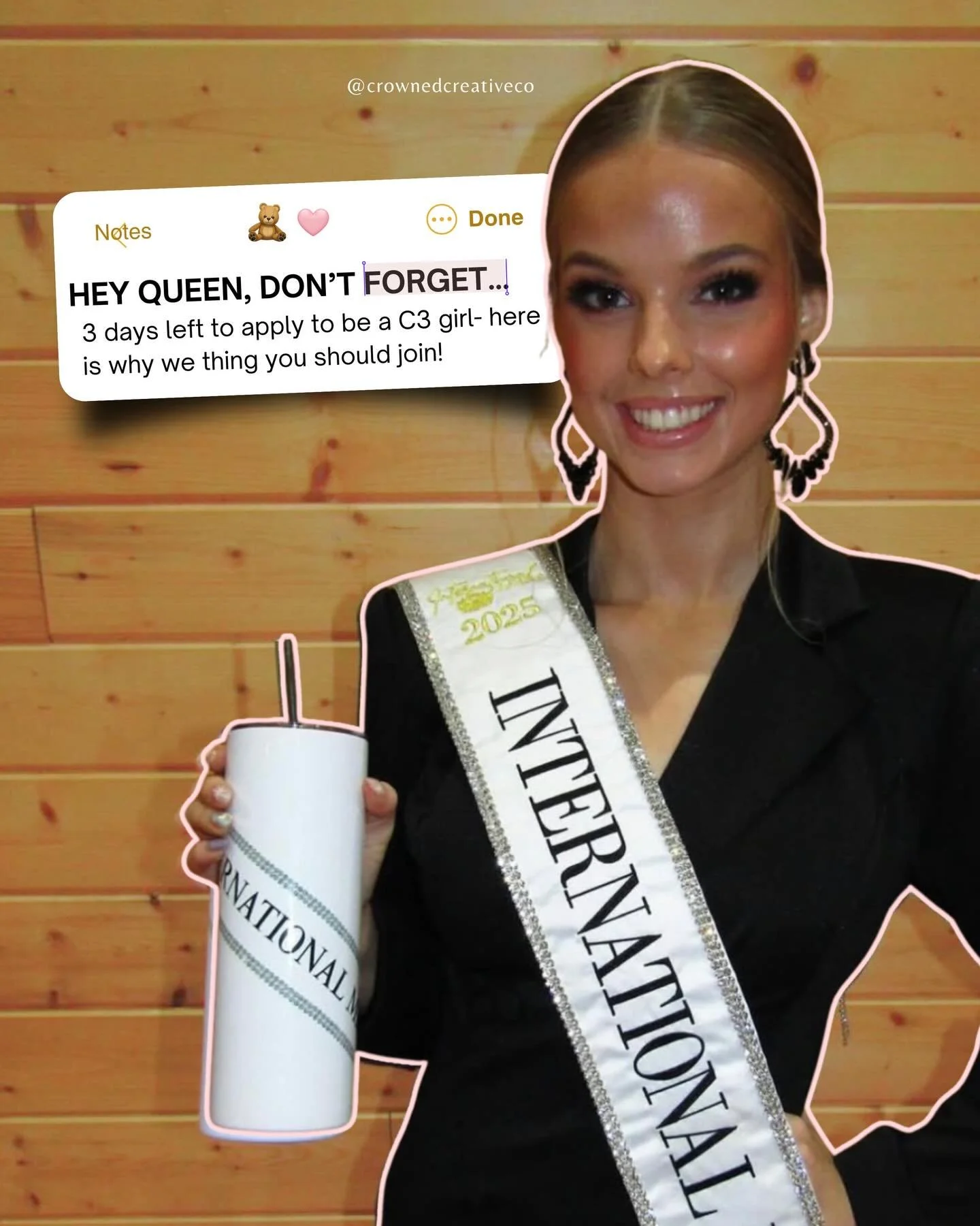 hi queen- 3 days until the deadline 🫶🏻☁️🧸🫧💌 

if you&rsquo;ve thought about applying to be a C3 girl consider this your nudge ☻ 

if you love pageants, content, and supporting small businesses&hellip; you might just be a perfect fit!! 

link in 