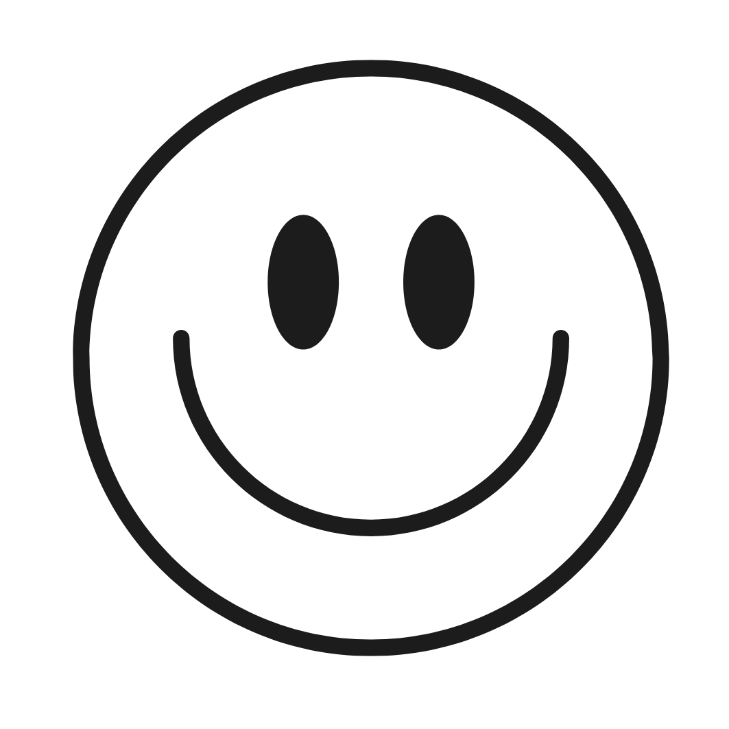 A black smiley face with oval eyes and a curved smiling mouth.