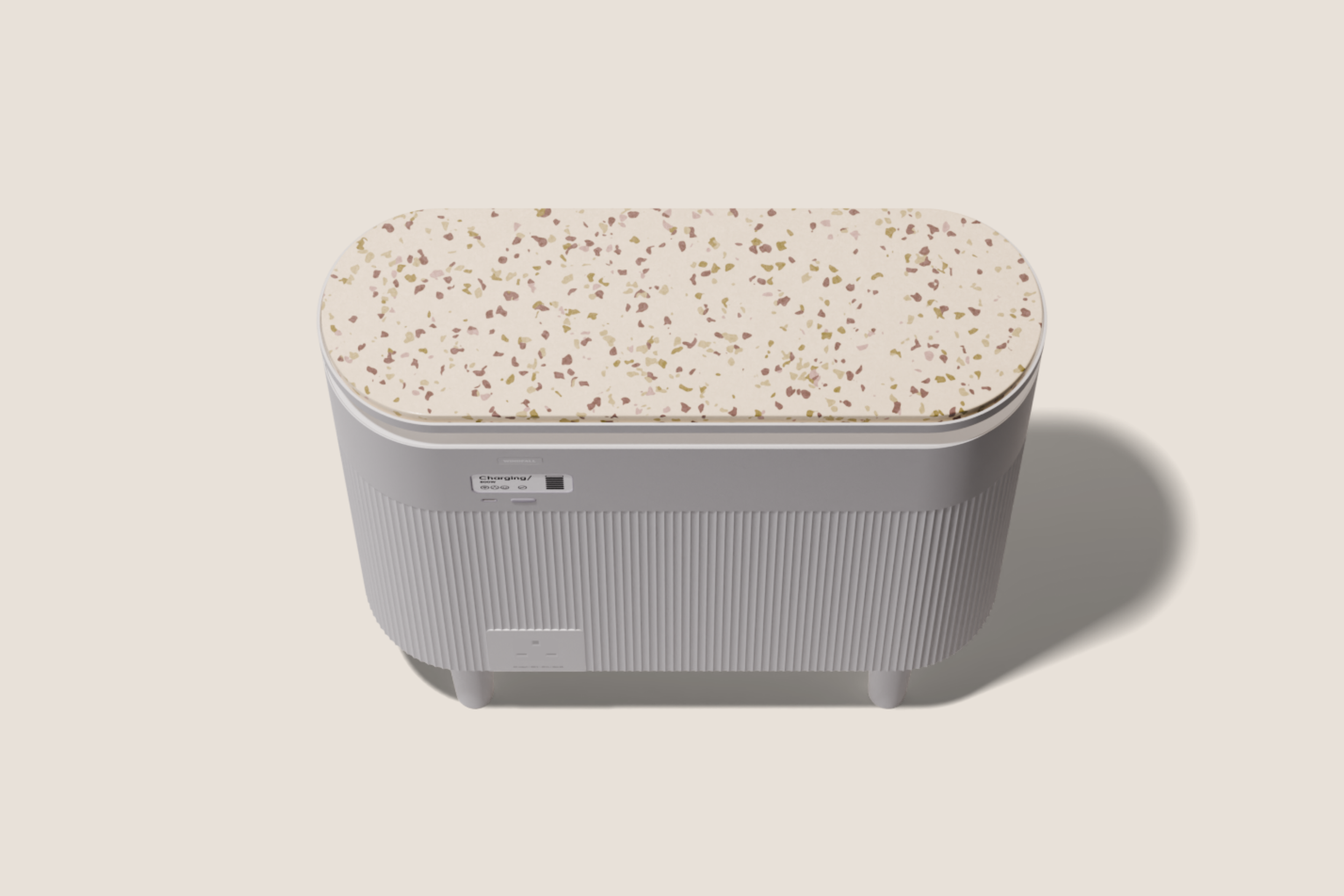 High-angle 3D render of the portable Windfall Energy plug-in battery highlighting smart housing details.