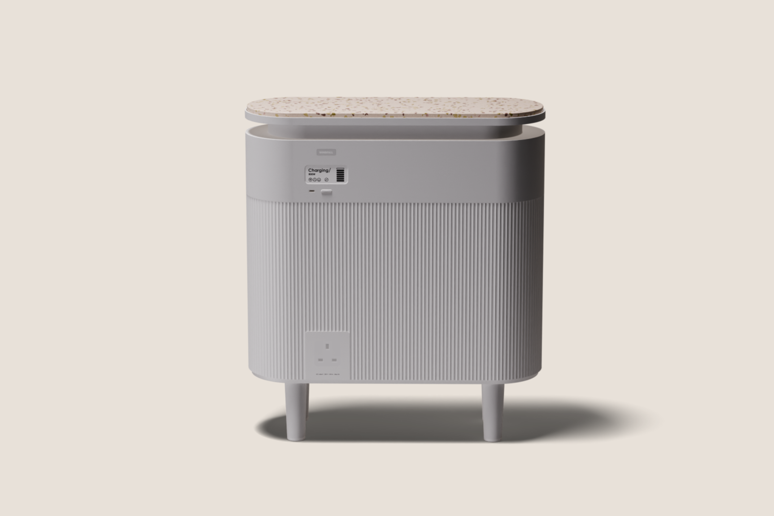Front view of the Windfall Energy smart plug-in battery featuring modern aesthetic casing for indoor spaces.