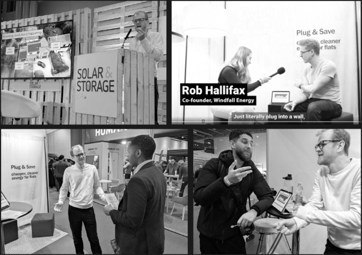 Collage showing Windfall Energy founders Ashley Grealish and Rob Halifax engaging with visitors at sustainable energy exhibitions.