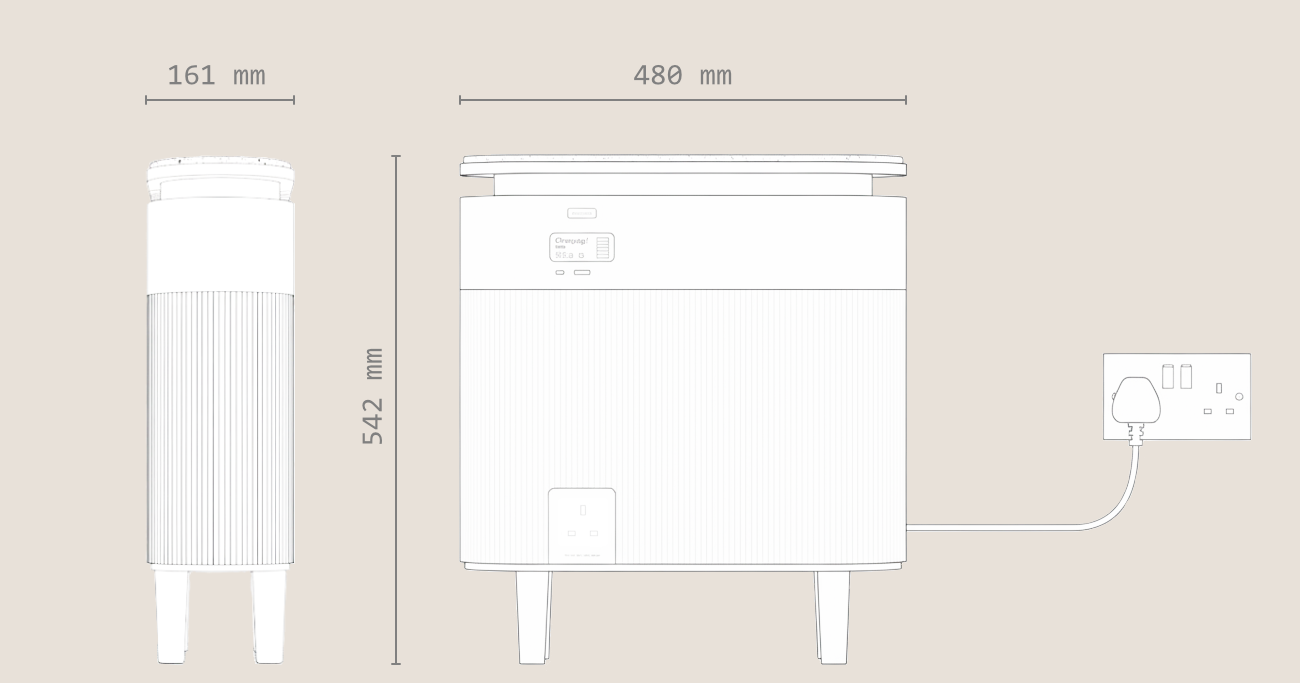 Technical schematic picture of Windfall battery measuring 480mm width, 161mm depth, and 542mm height with UK plug.