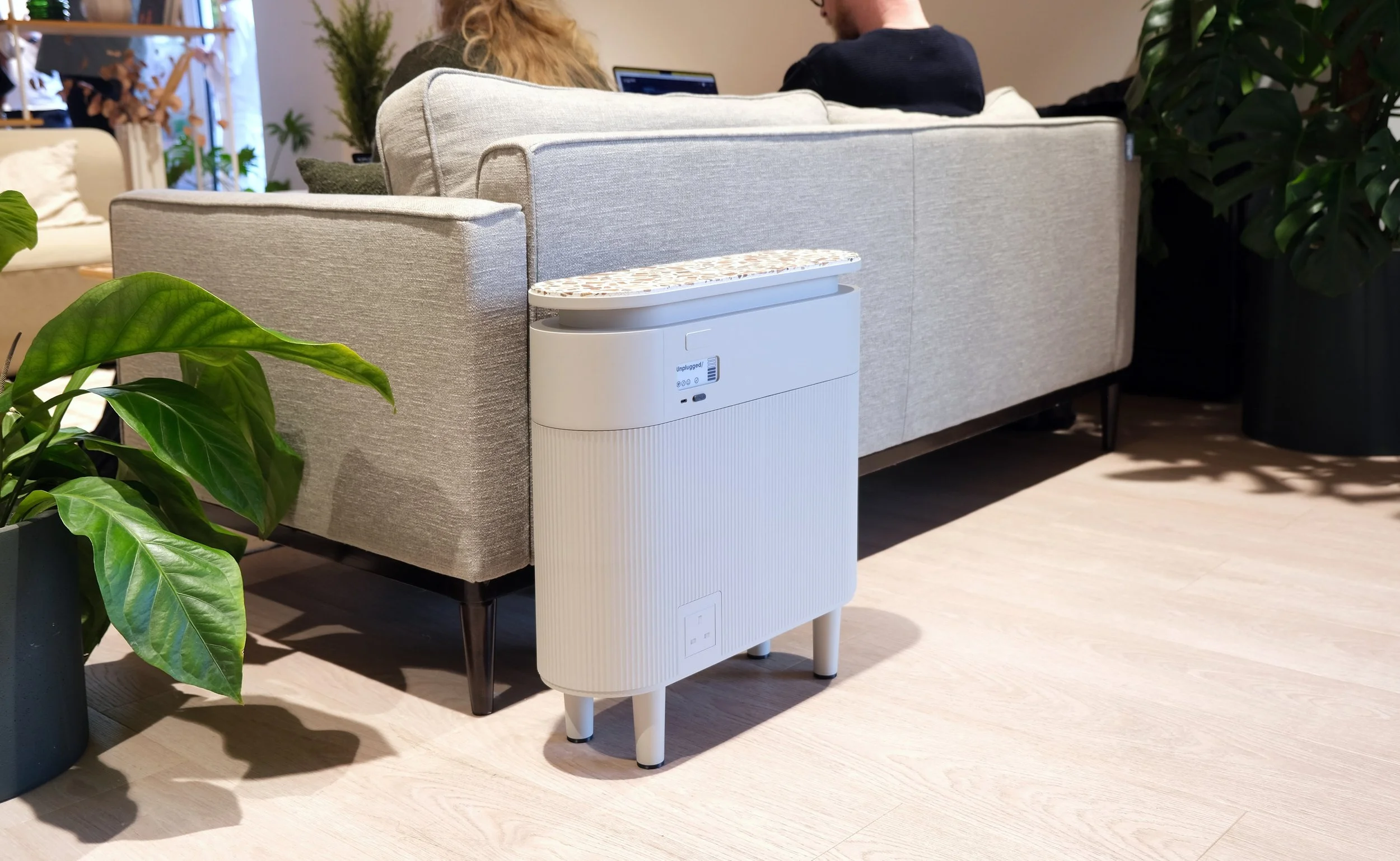 Windfall battery on the floor by a houseplant and sofa in a living room flat with people on a grey sofa.