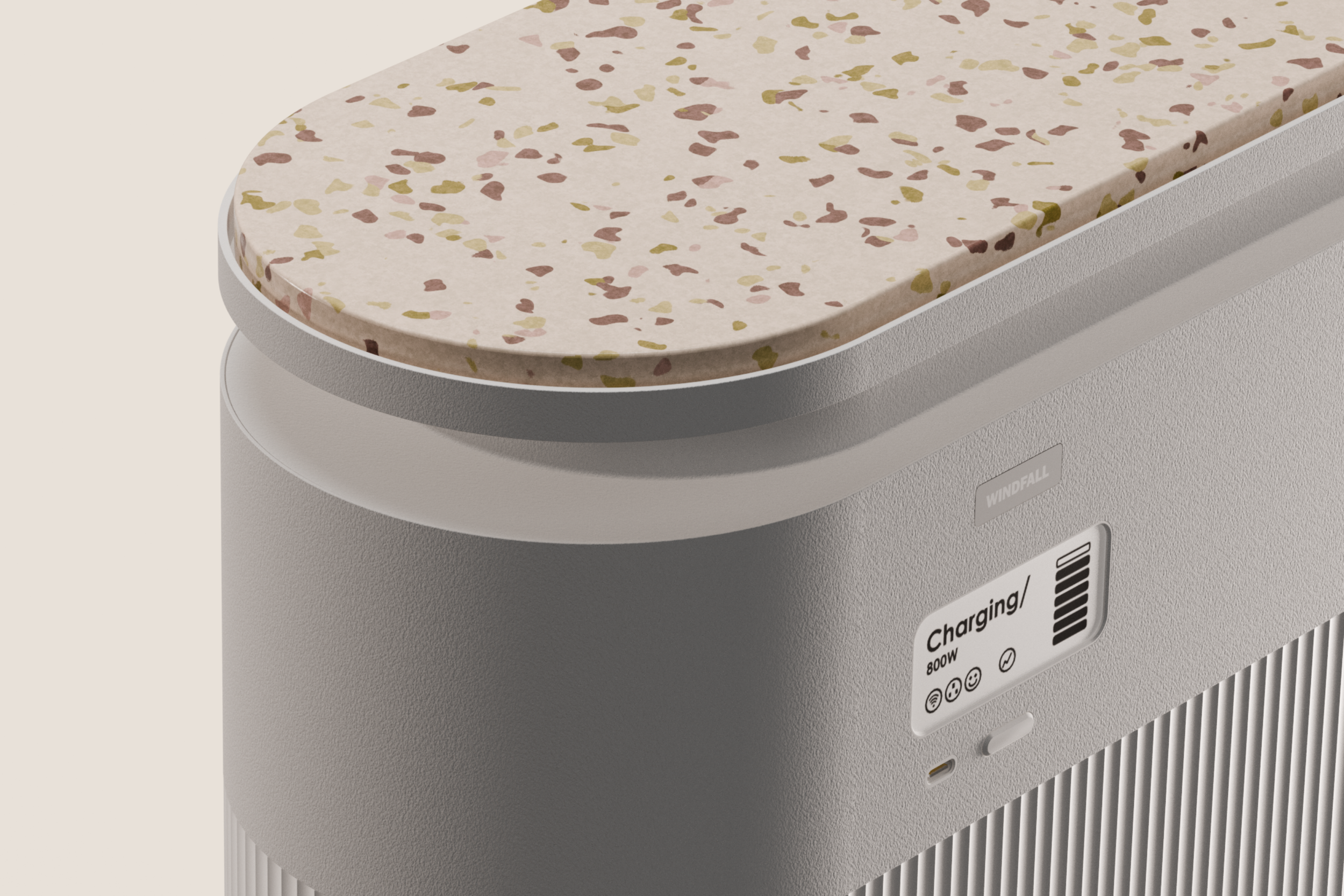 Top view of the sleek Windfall Energy plug-in home battery showing top panel and clean minimalist design.