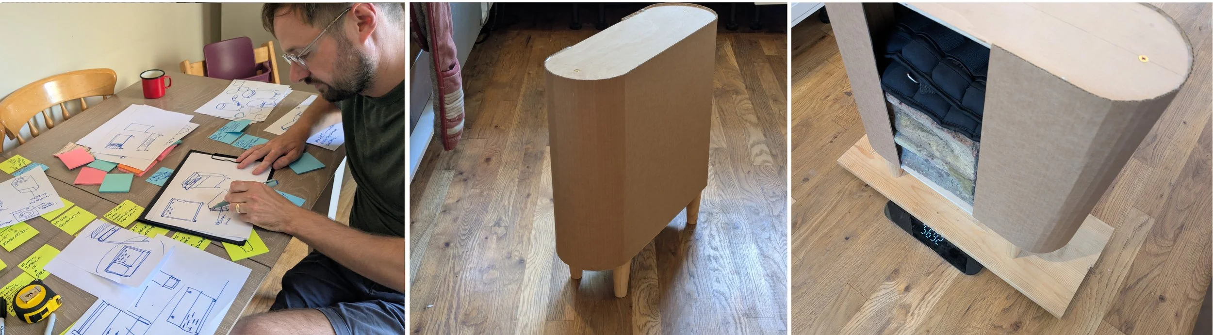 Cardboard prototype collage showing Windfall plug-in battery sketches, initial casing model, and internal design.