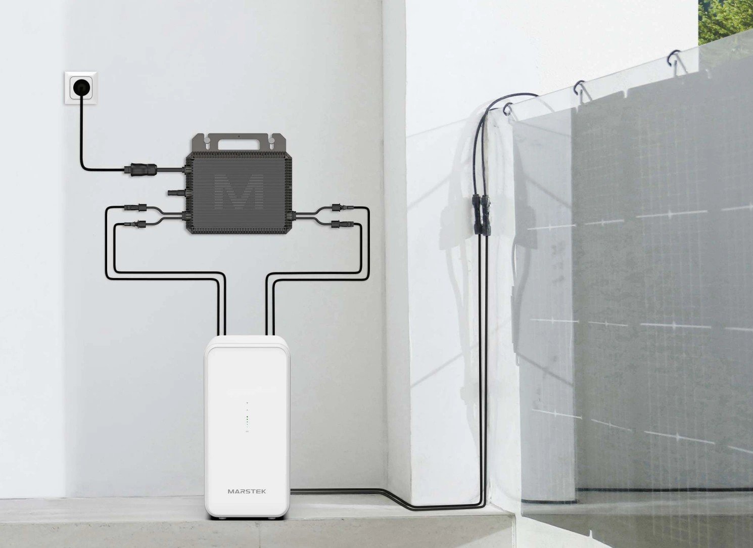 Complex Marstek balcony solar setup with separate battery, microinverter, wiring, and wall plug.