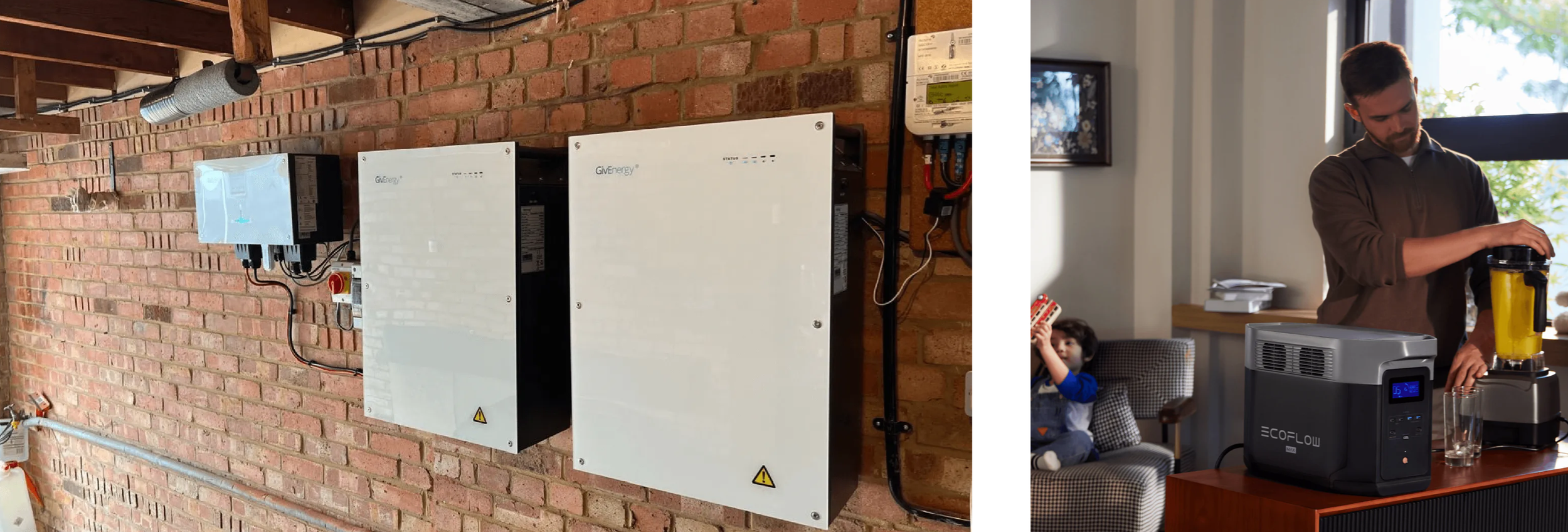 Side-by-side view comparing two white home batteries on a brick wall (left) with a portable camping battery (right).