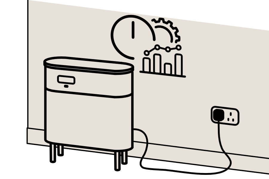 illustration of an iconised smart home battery with clock, gear, and grid statistics symbols.