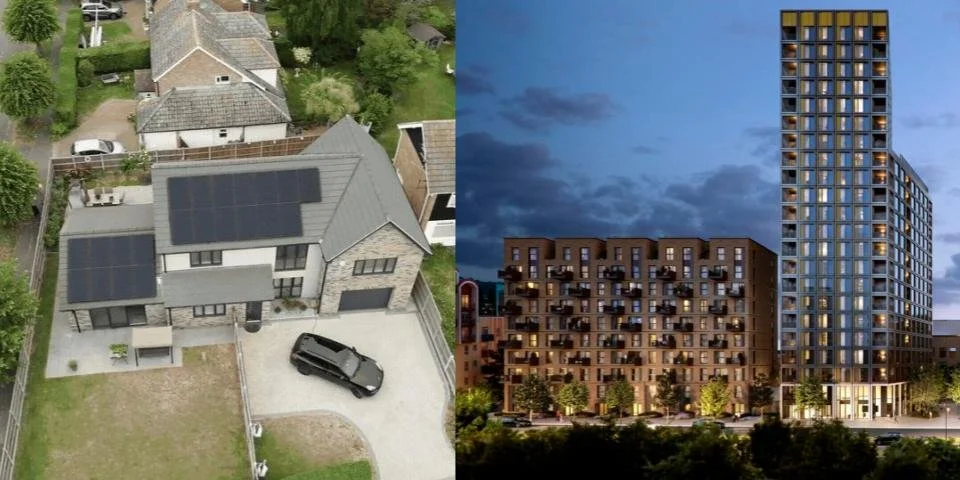 Side-by-side view comparing a traditional UK house with a driveway to modern high-rise blocks of flats.