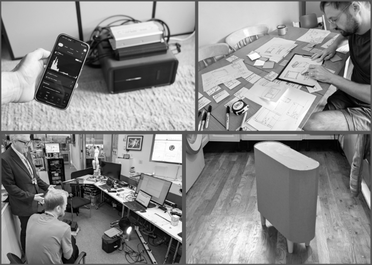 Collage showing the Windfall home battery development: crafting the case design, product testing, and the smart energy app interface.