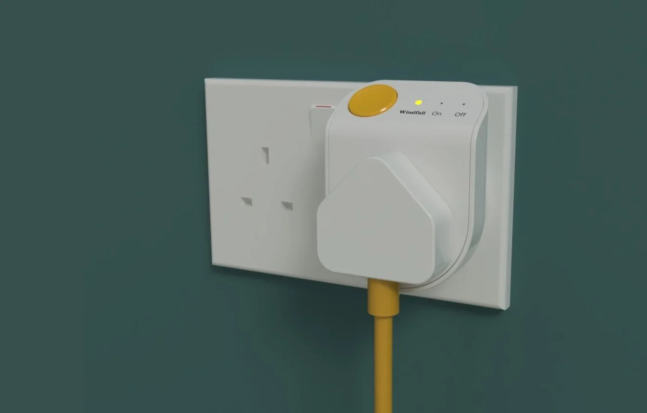 Bespoke Windfall Energy smart socket featuring custom on/off indicators and crafted control button.
