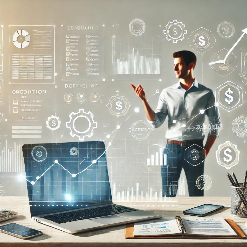 A man in business attire standing behind a desk with a laptop, smartphone, tablet, and notebook, interacting with virtual financial and business data graphics projected in the air, including graphs, charts, gears, and dollar signs.