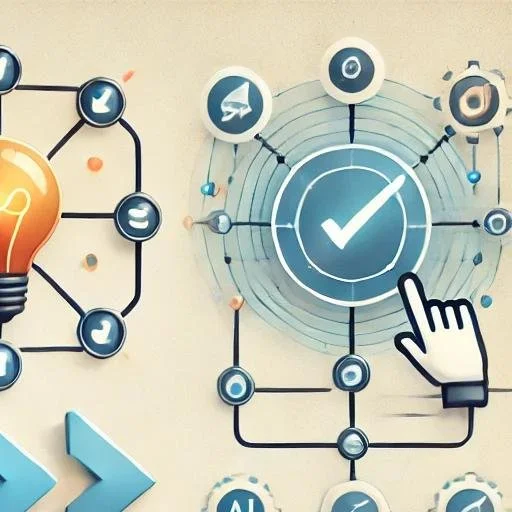 Illustration of a digital connection network with icons representing ideas, communication, and technology, centered around a checkmark in a circle and a hand cursor clicking it.