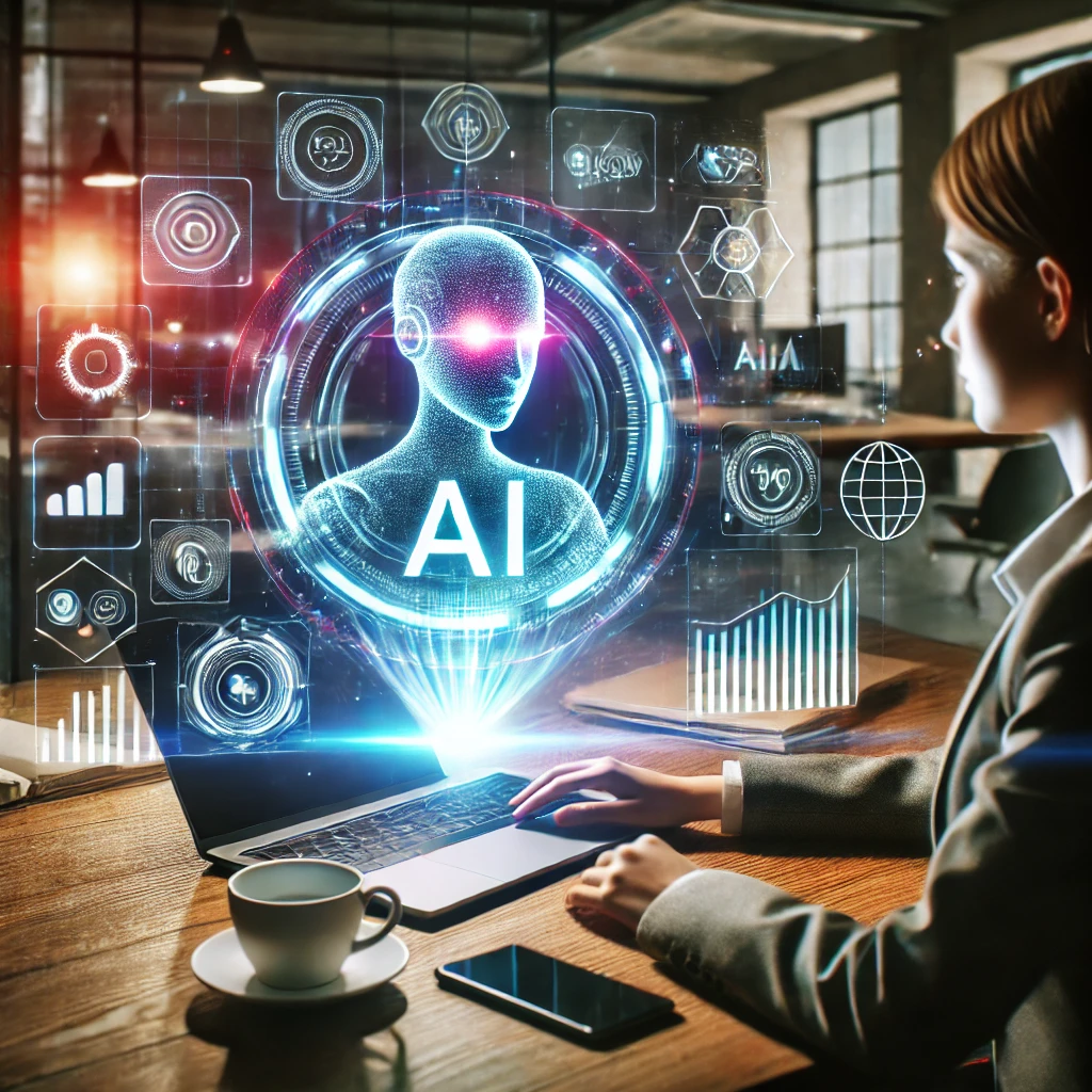 A woman sits at a desk in a modern office, interacting with a holographic display of a digital human head labeled 'AI' and various futuristic icons related to artificial intelligence and data analytics.