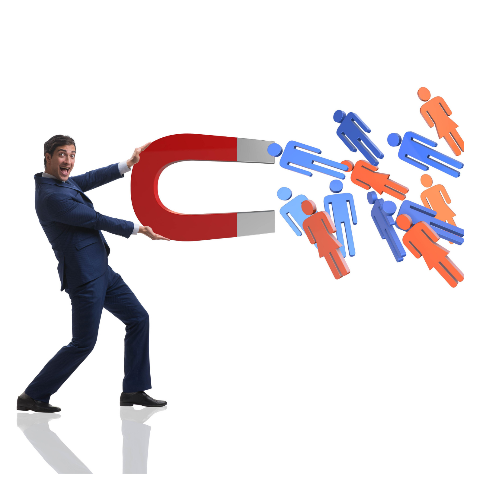 A man in a business suit smiling and holding a large magnet attracting a mix of blue and orange human figure icons.