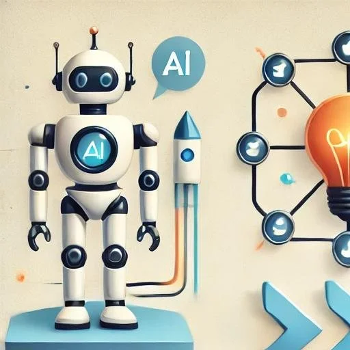 A robot with an AI symbol on its chest standing next to a rocket and a lightbulb graphic connected by lines on a wall.