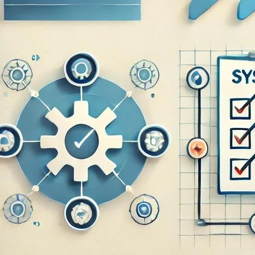 A wall clock designed as a gear with icons representing different concepts connected around it, and a nearby chart with checkmarks and icons indicating progress or systems.