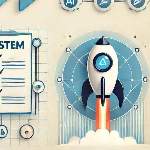 Wall decoration of a paper rocket ship launching, with a blue circular background and blue and black accents, near a grid with various icons and a document labeled 'SYSTEM'.