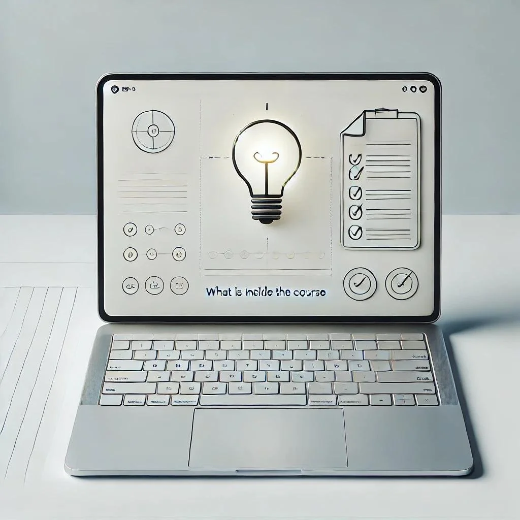 Laptop with digital sketch of a light bulb, checklist, and sketches on the screen, placed on a white desk next to a lined notepad.