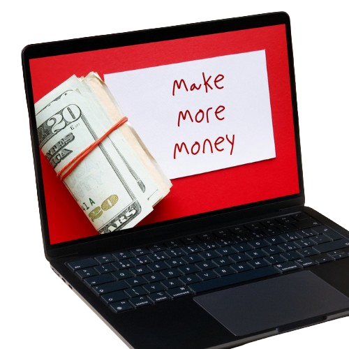 A laptop screen displaying a note that says "Make more money" and a bundle of rolled cash secured with a rubber band.