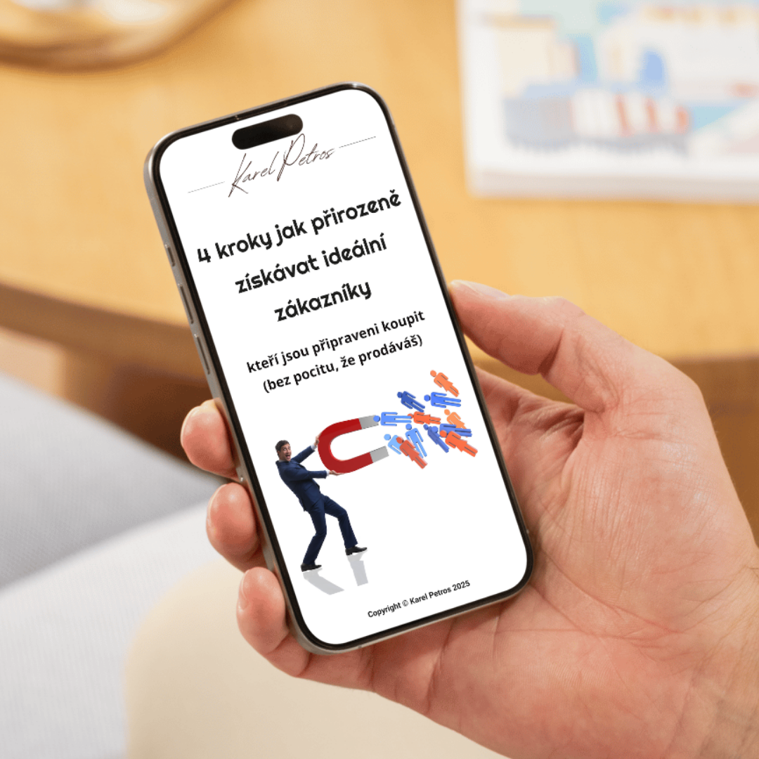 Smartphone displaying a book cover with the title "4 kroky jak přirozeně získávat ideální zákazníky" by Karel Petros, featuring an illustration of a man in a suit holding a large magnet attracting small human figures.