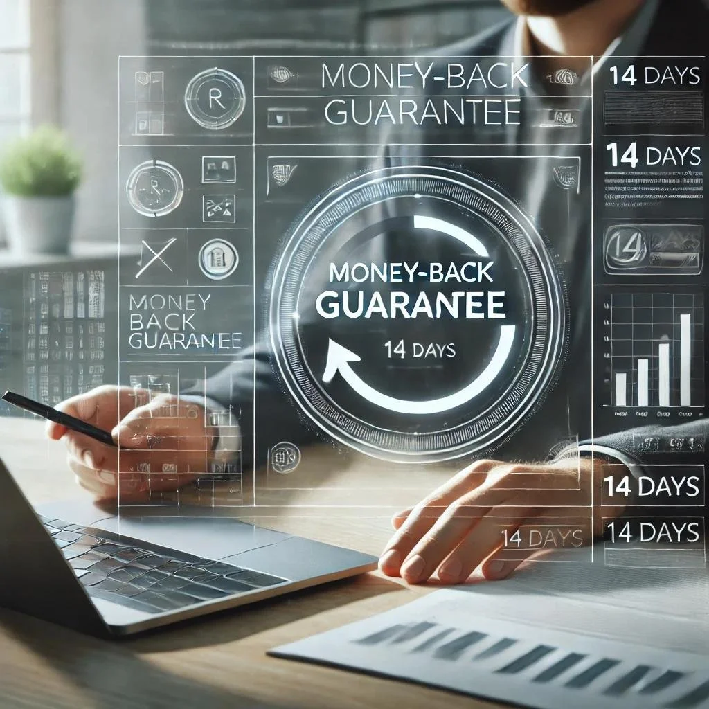 A person holding a smartphone and using a laptop, with a holographic display showing a 'Money-Back Guarantee' for 14 days, along with various charts and icons.